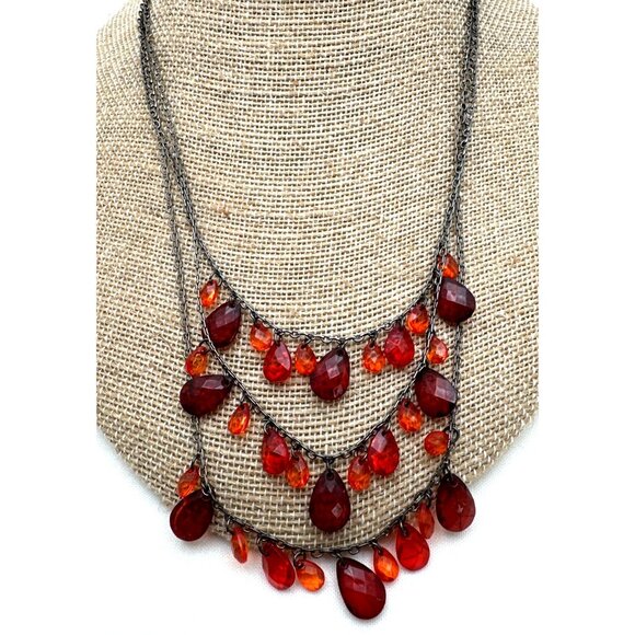 Vintage Boho Red Orange Tiered Bead Necklace Multi Layers Timeless Fash - Picture 3 of 5